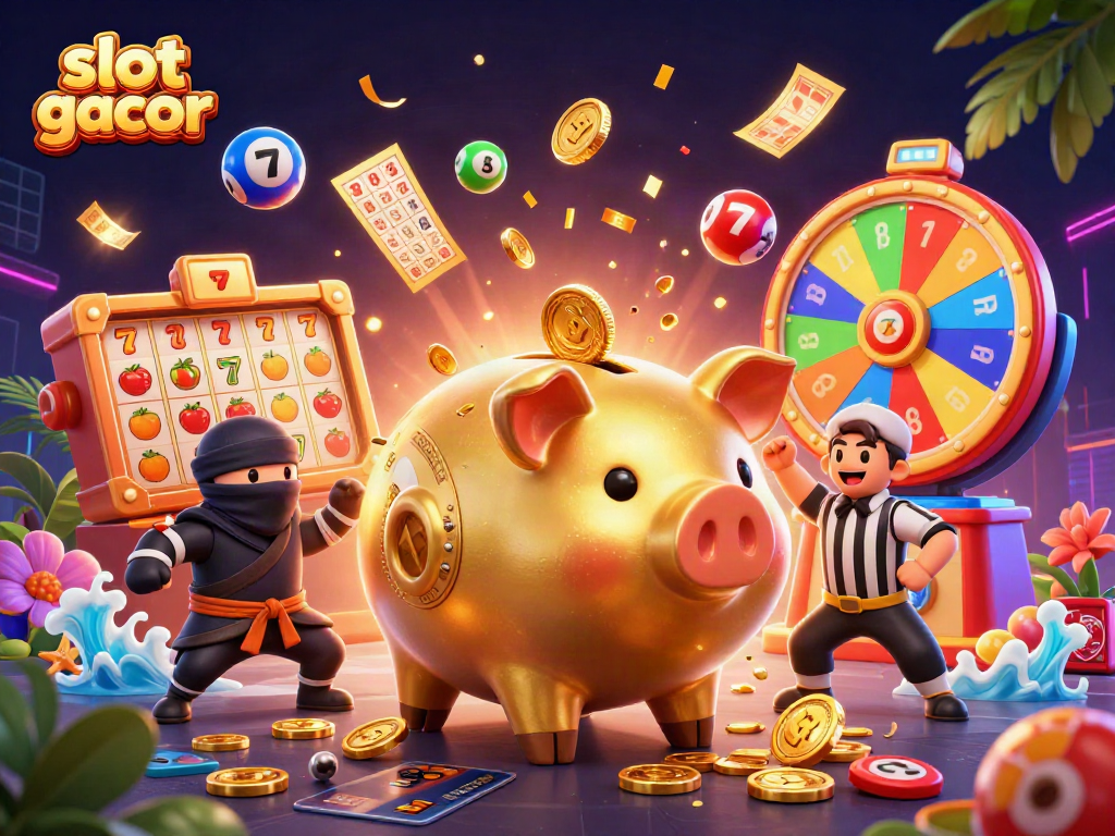 Spin with slot gacor as the golden piggy bank sumo wrestler shakes coins in this vibrant casino scene.