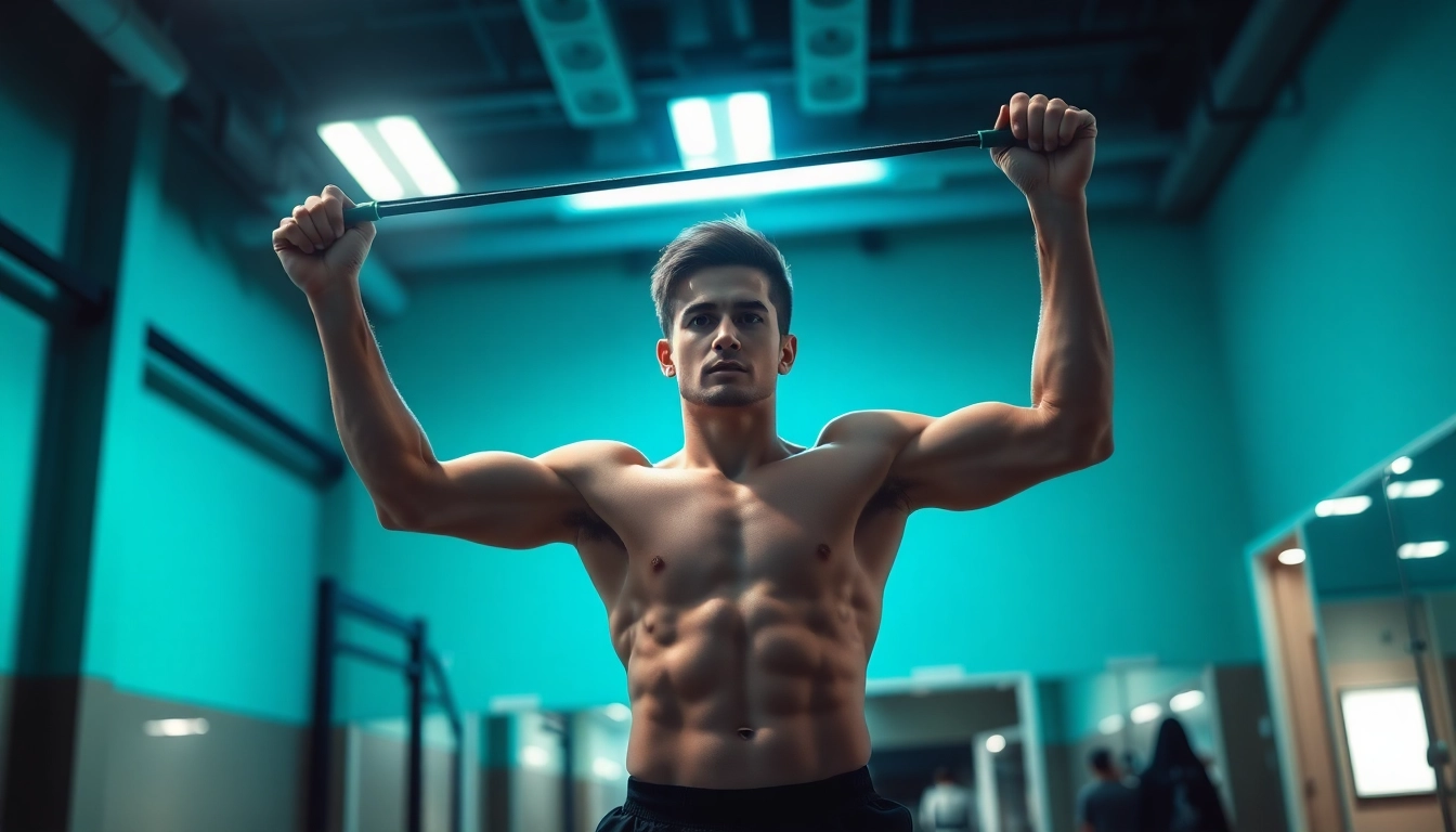 Fitness enthusiast using a pull-up assist band for strength training in a gym.