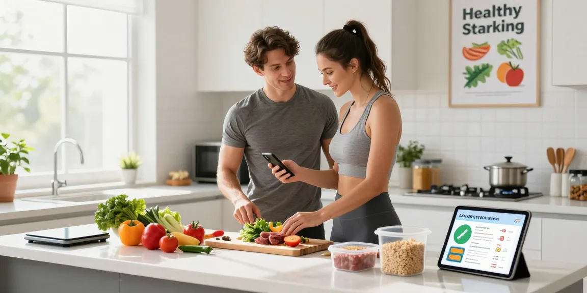 Cooking in a bright kitchen while tracking calories with the best weight loss app using a smartphone, emphasizing healthy meal prep.