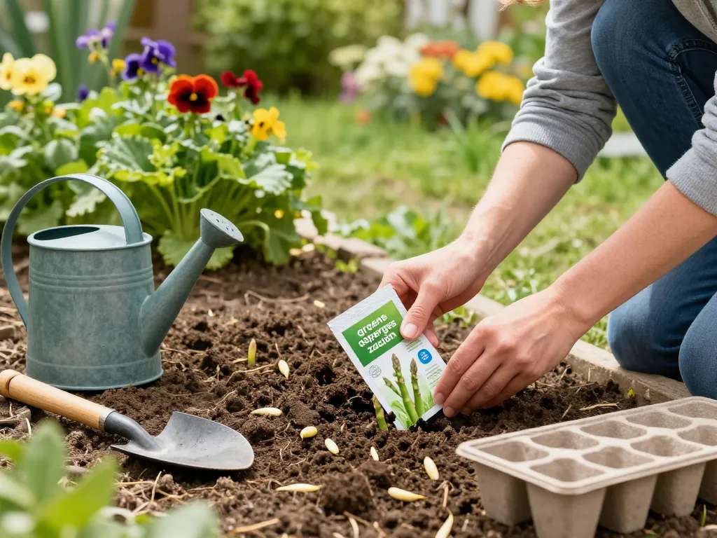 Gardener preparing to plant groene asperges zaaien seeds in a vibrant backyard garden.