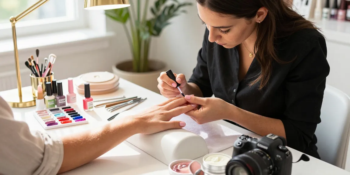 Profesional aplicând kit unghii gel în timpul unei sesiuni de salon luxoase cu culori vibrante pentru unghii.