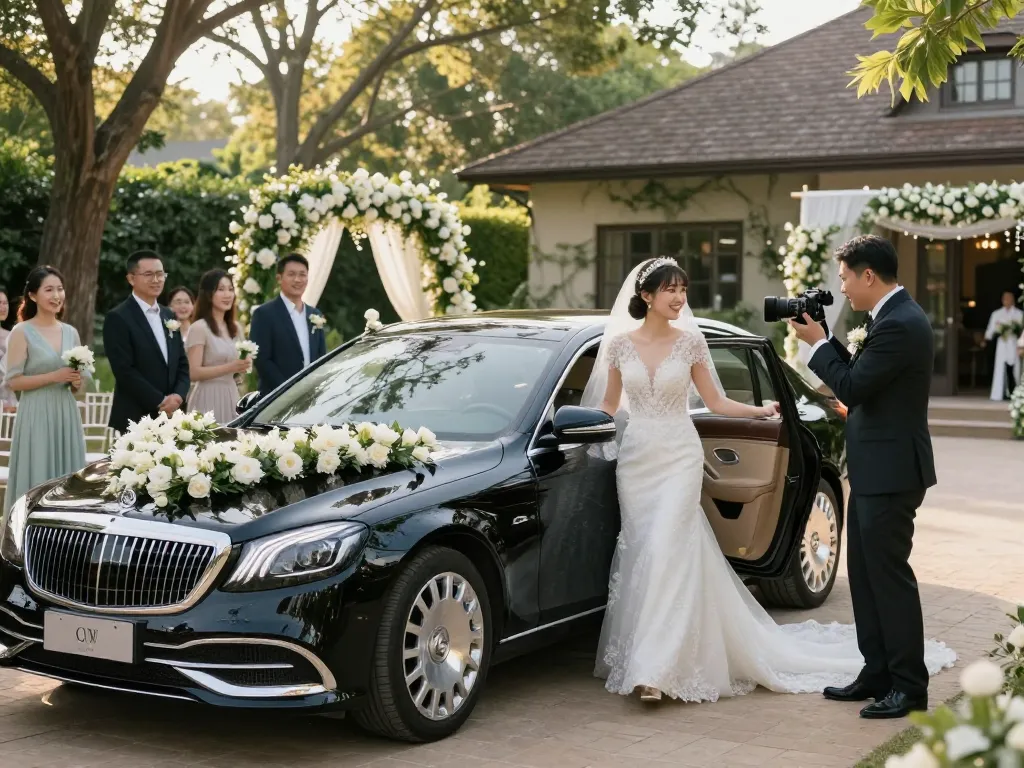 Thuê xe Mercedes cho đám cưới để tạo trải nghiệm sang trọng với các trang trí hoa.