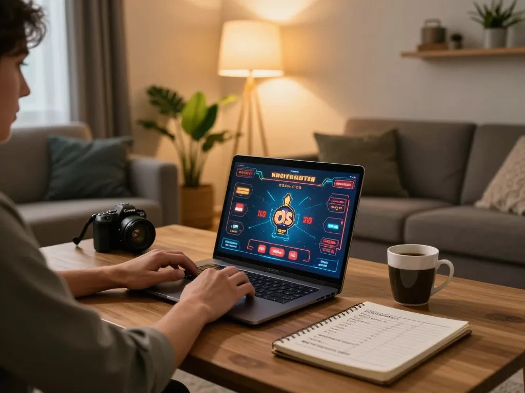 Engaging in online gaming with 789win link on a laptop in a cozy living room.