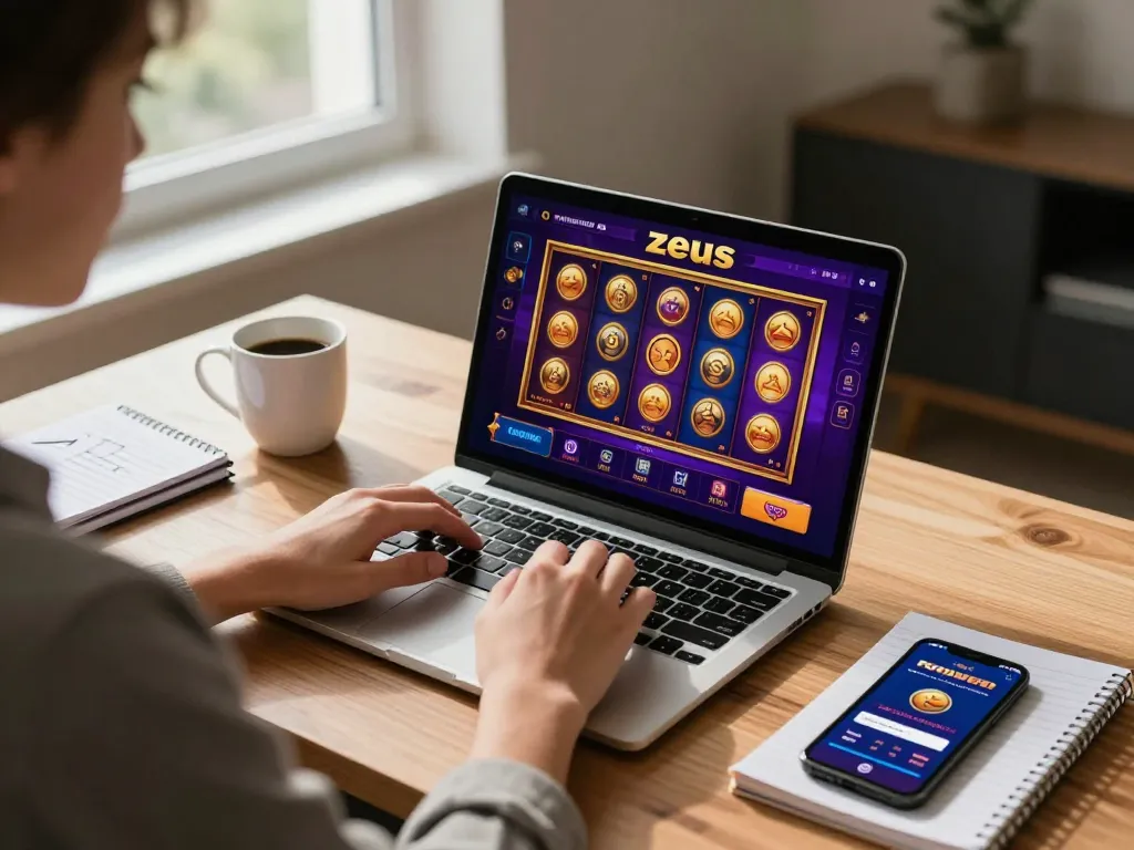 Bermain permainan slot zeus di laptop di rumah dengan kopi dan catatan strategi