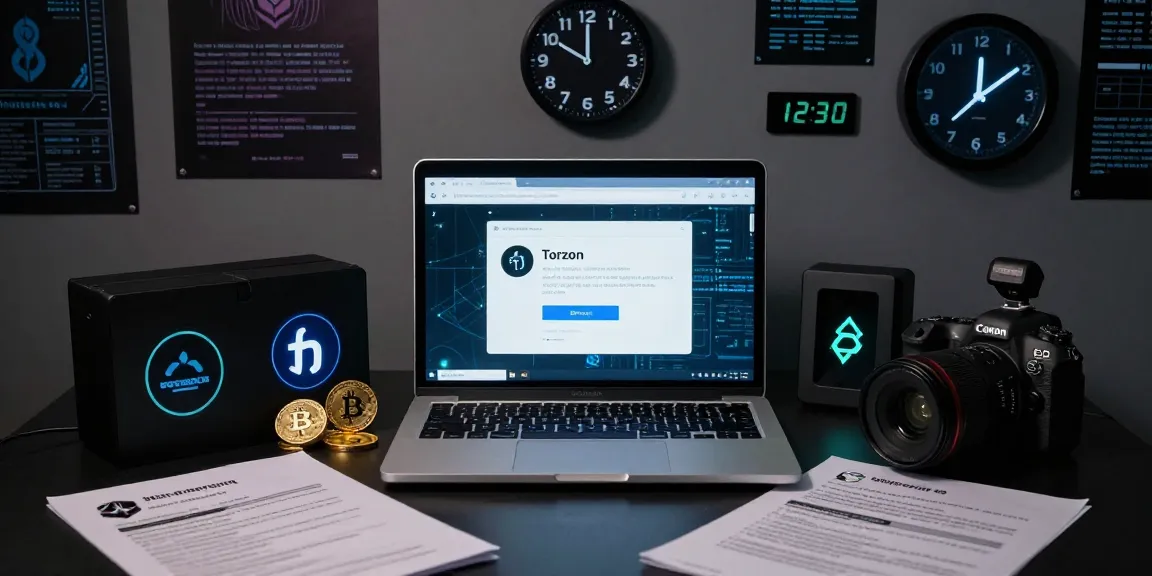 Torzon darknet market link and onion mirrors displayed on a laptop in a secure environment with cryptographic elements.