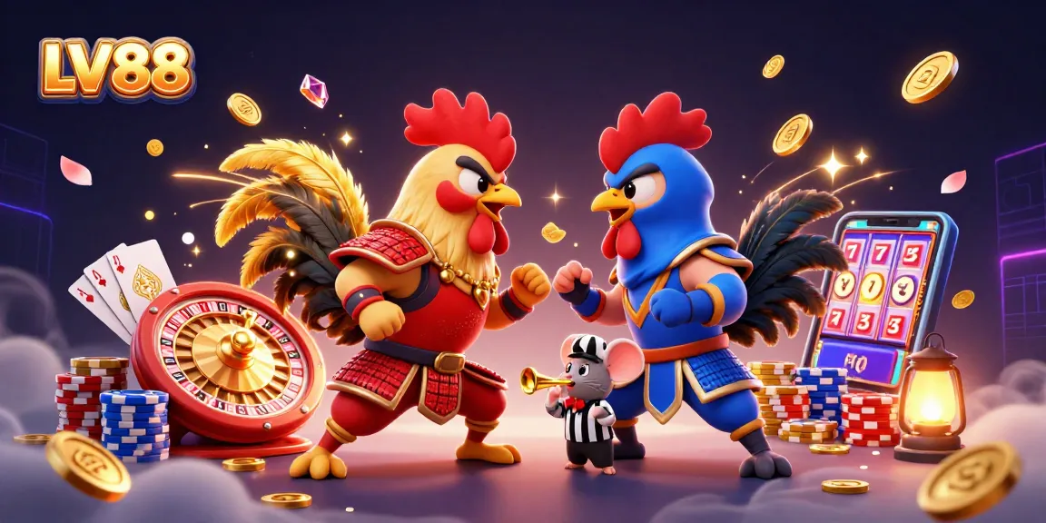 Experience thrilling matches at LV88 with vibrant fighting roosters and casino elements.