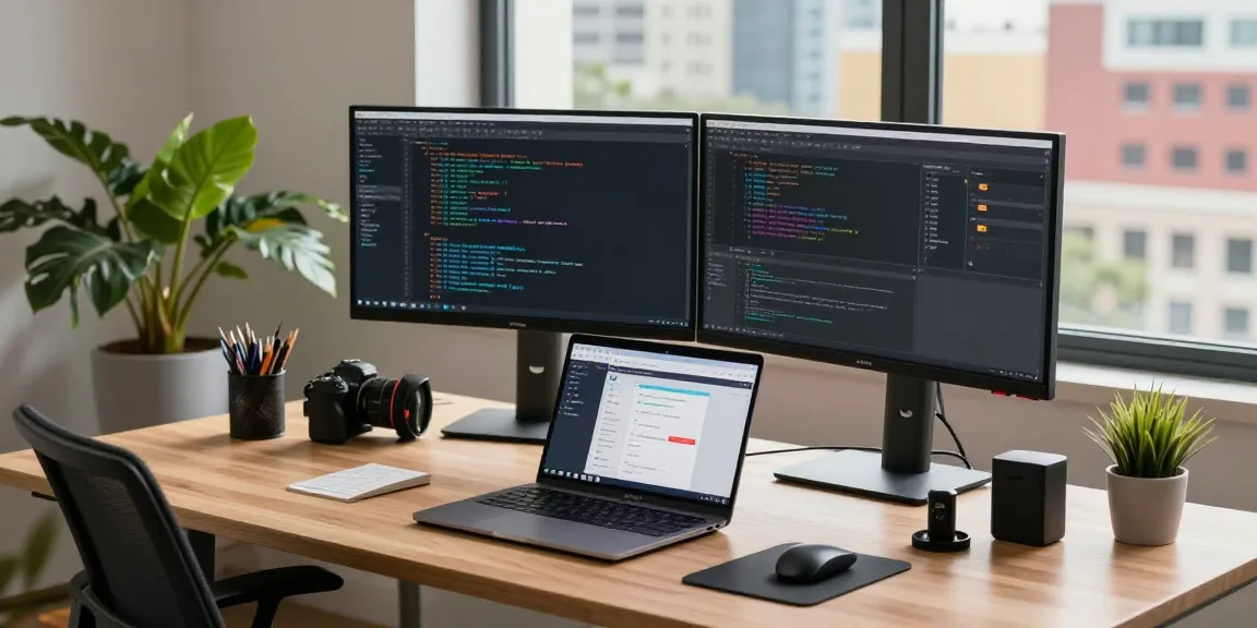 Innovative workspace showcasing 截图工具下载 on dual monitors and laptop, emphasizing tech productivity.