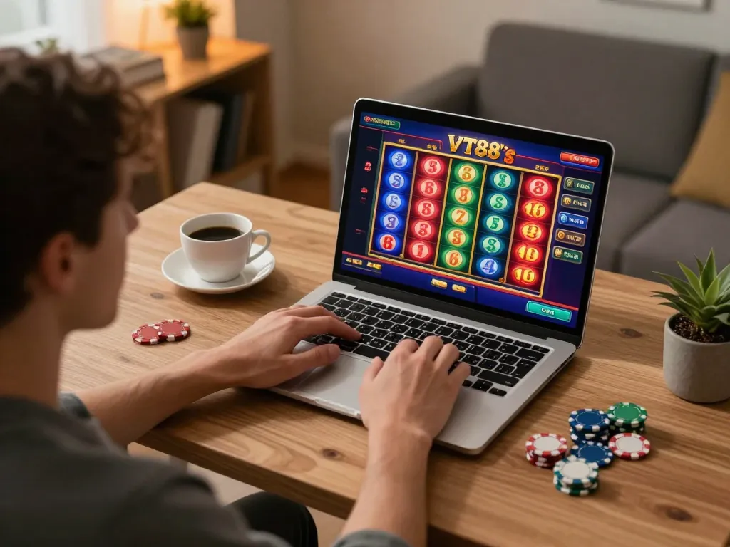 Engaging with VT88 slots on a laptop in a cozy home environment, promoting responsible online gaming.