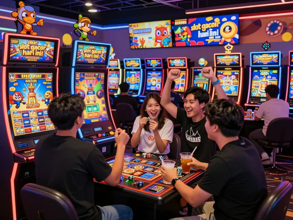 Suasana kasino yang menggembirakan merayakan slot gacor hari ini dengan mesin permainan yang bersemangat dan pemain yang bahagia.