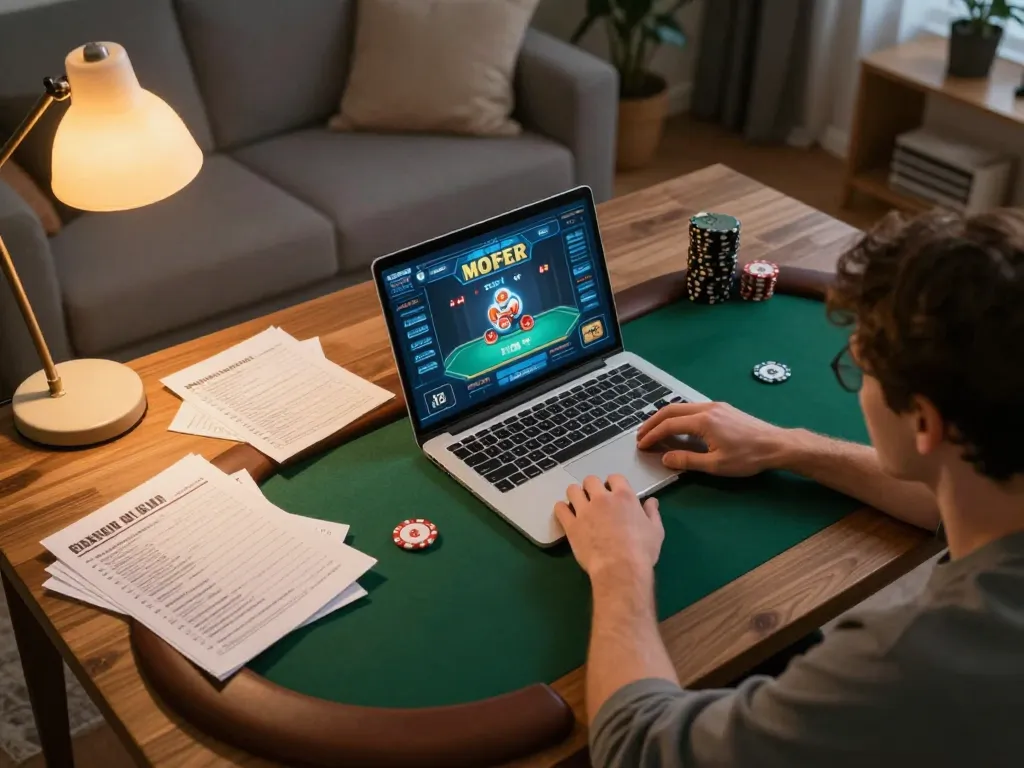Engage in KP88 online poker gameplay with strategies and notes in a cozy home setup.