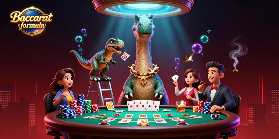 Engage with the Baccarat formula as a clever raptor deals cards beneath a towering brontosaurus in a vibrant casino.
