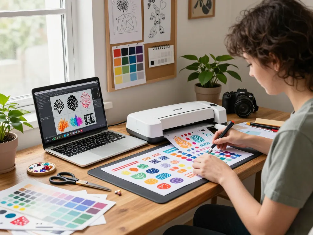 Designer cutting vibrant SVG files with Cricut in a cozy crafting studio