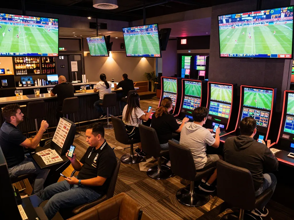 Dynamic scene of nhà cái 8xbet sports betting lounge with excited patrons and live games