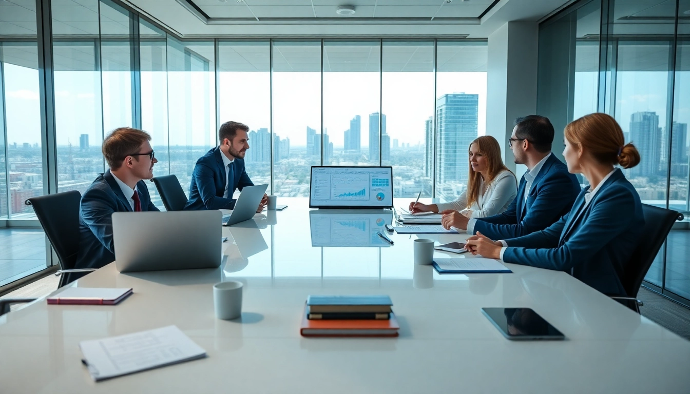 Business analysts collaborating on b2b competitive intelligence strategy in a modern boardroom.