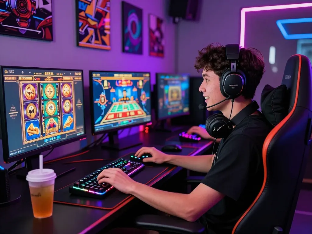 Engaging online gaming setup with Ligasedayu, vibrant slot screens, and gaming gear.