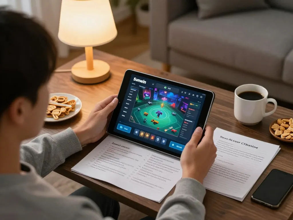 Enjoying a strategic gaming session on Sunwin app in a cozy living room while reviewing notes.