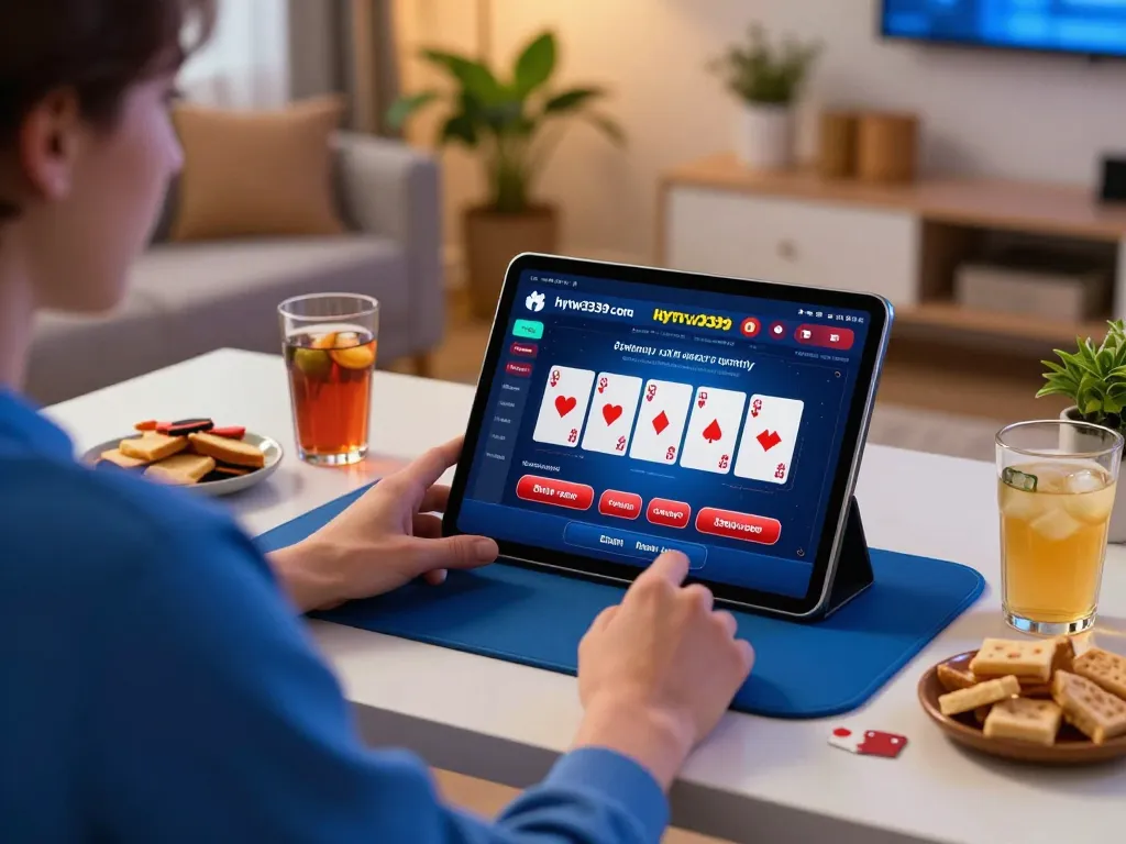Player interacting with hytw3339 com on tablet, enjoying online casino gaming with snacks and cozy atmosphere.
