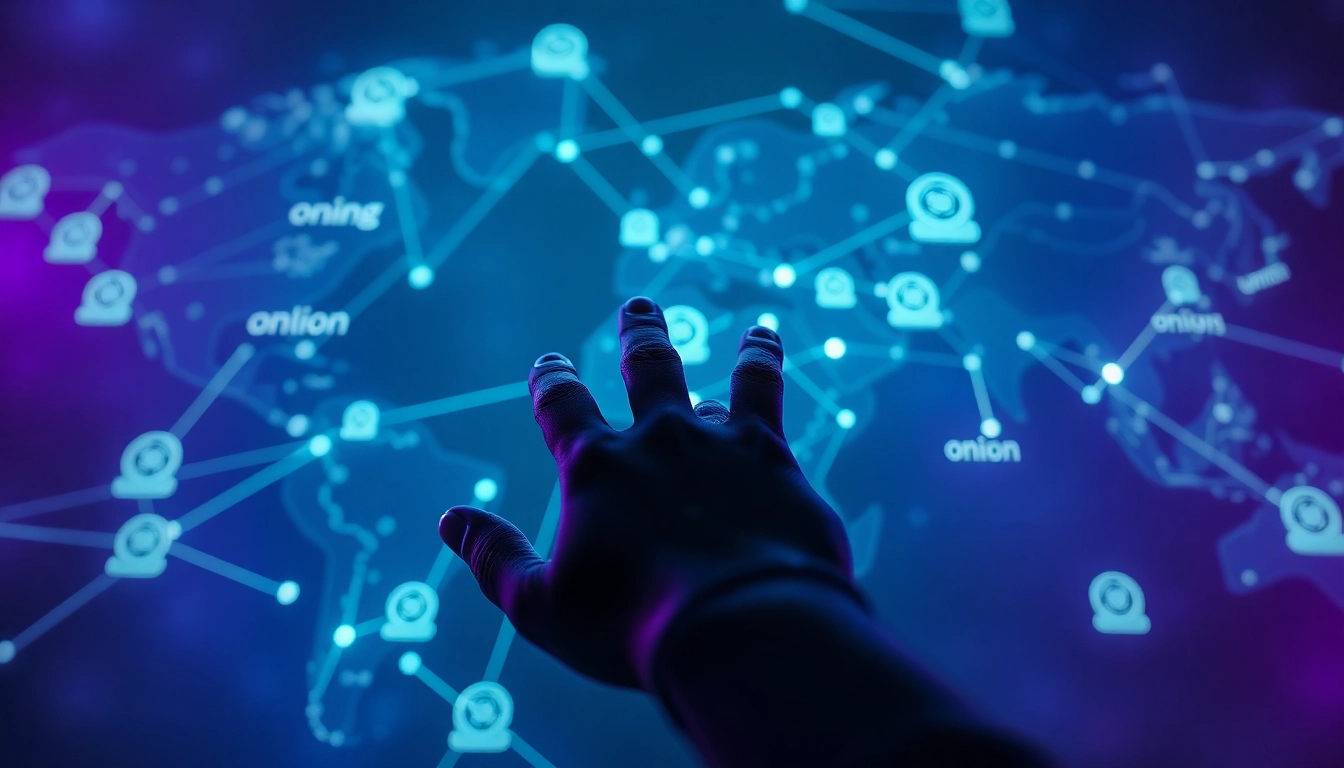 The hidden wiki navigation map illuminated in a dark web digital landscape.