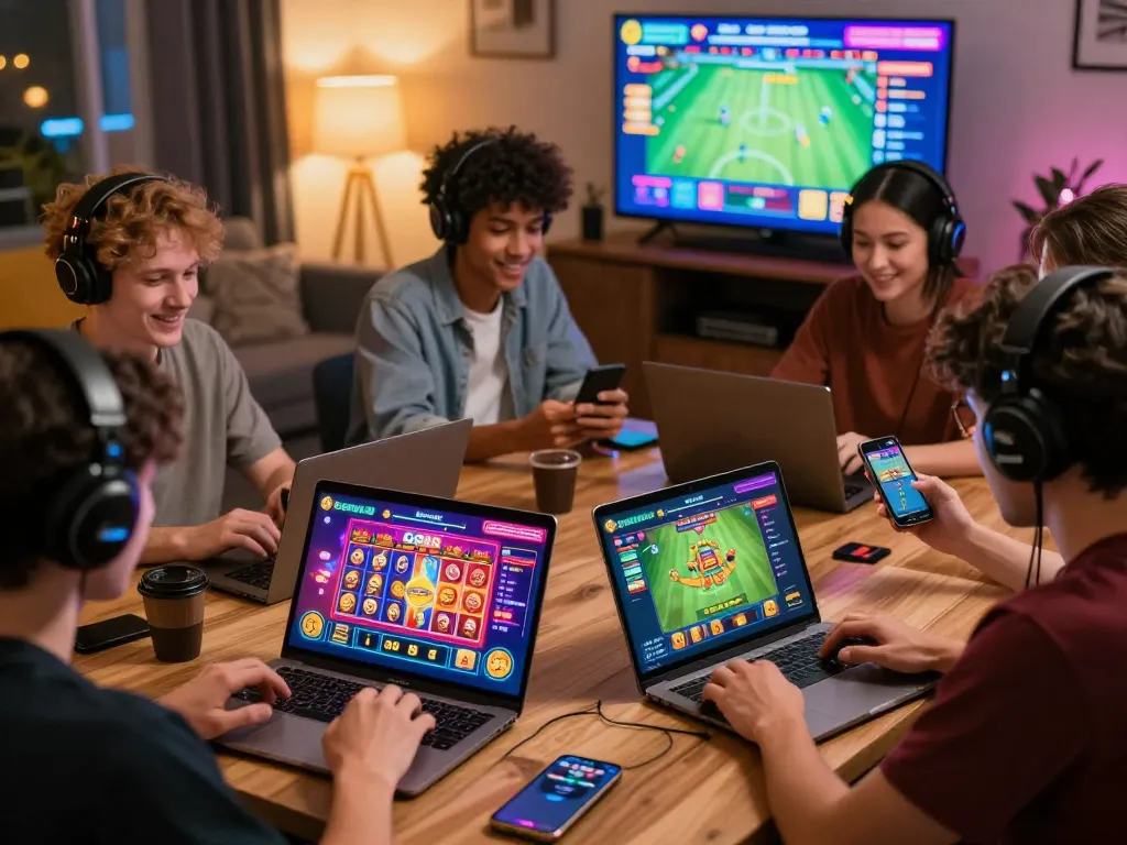 Players enjoying Go88 online gaming platform with vibrant graphics and multiple devices in a cozy setting.