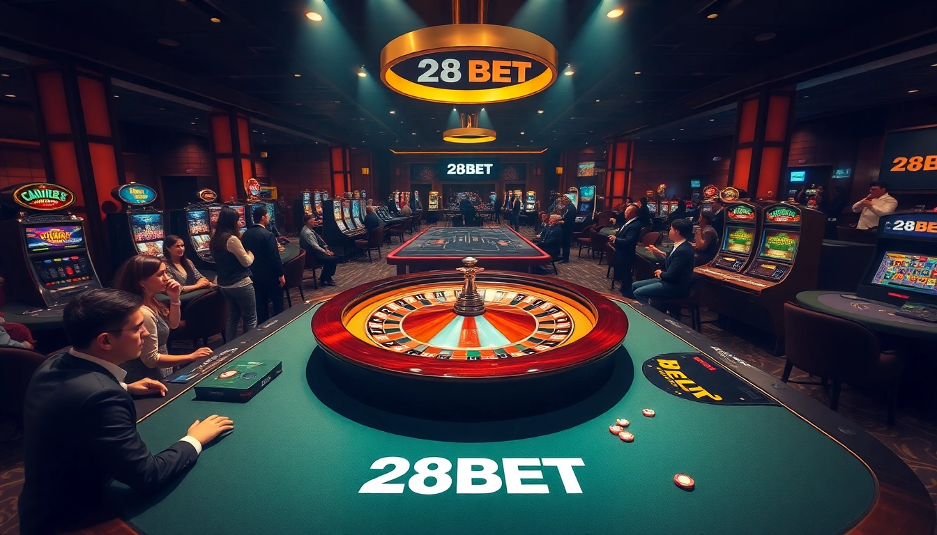 Players enjoying a lively game at 28BET's online casino, featuring roulette and vibrant gaming elements.