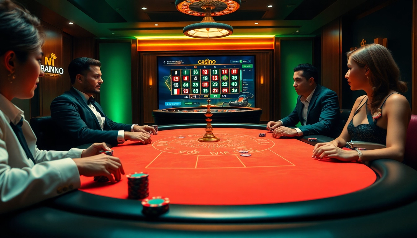 Scène engageante de joueurs autour d'une table de poker luxueuse dans un casino en ligne.