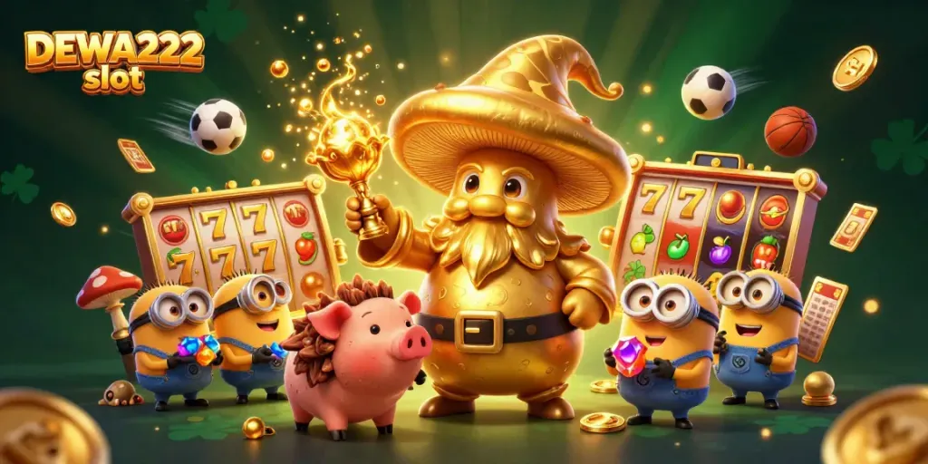 Spin the DEWA222 slot reels with golden elements and characters in this vibrant casino scene.