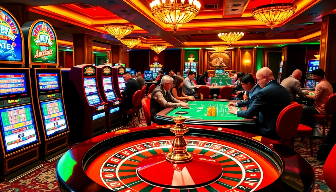 LUCK8 casino excitement with vibrant slot machines and a bustling poker table