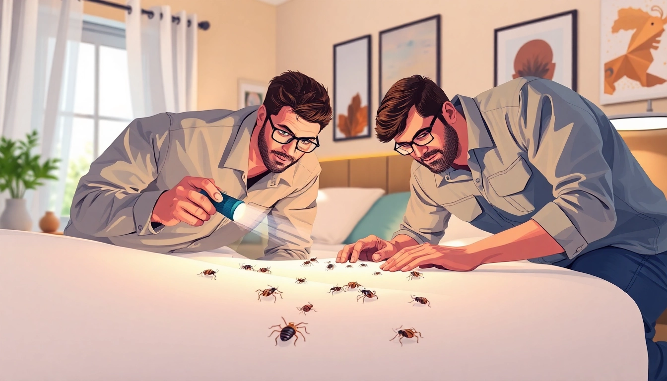 Local bed bug exterminators inspecting a mattress for bed bugs in a cozy bedroom.