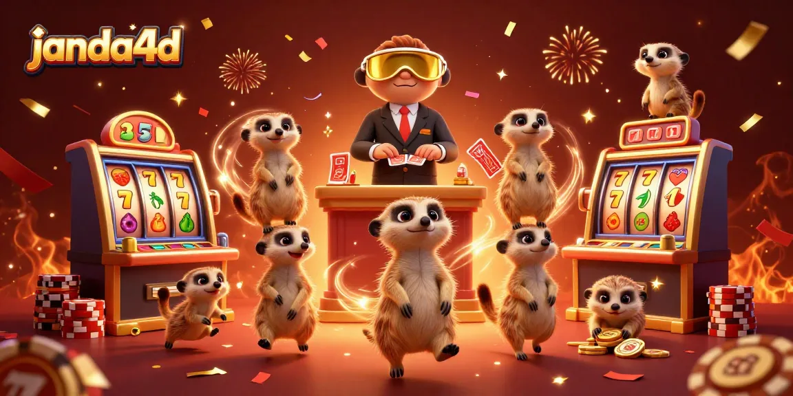 janda4d memperlihatkan koloni meerkat bermain judi, dikelilingi simbol mesin slot dan koin emas