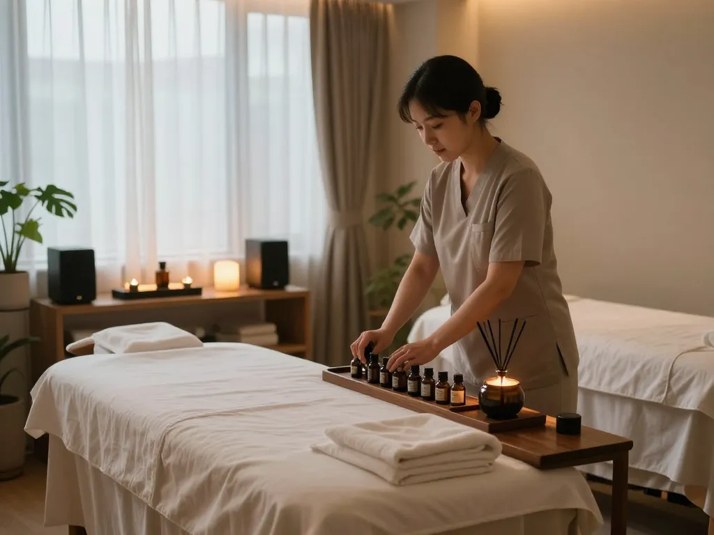 Relaxing massage therapy room showcasing essential oils and ambiance for 역삼동마사지.