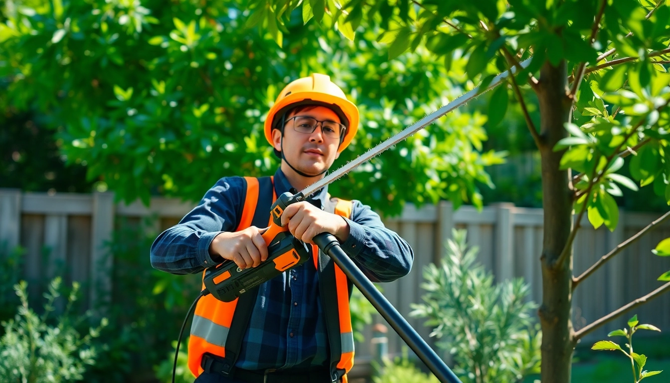Using the best electric pole saw for tree trimming in a vibrant backyard setting.