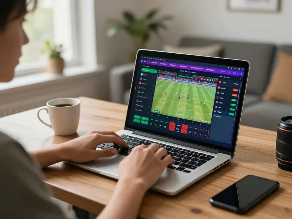 Engaging sports betting scene with Nhà cái FIVE88 displayed on a laptop during a live sporting event.