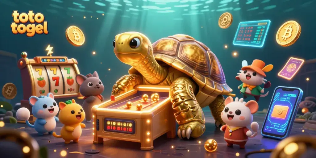 Toto togel dalam ilustrasi 3D menampilkan kura-kura emas raksasa berfungsi sebagai mesin pinball dengan latar belakang kasino.