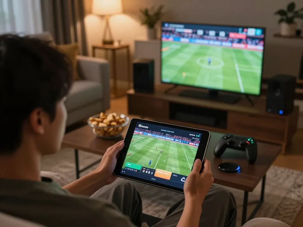 Watch trực tiếp bóng đá okwintv on a tablet, enjoying cozy home gaming setup with warm lighting.