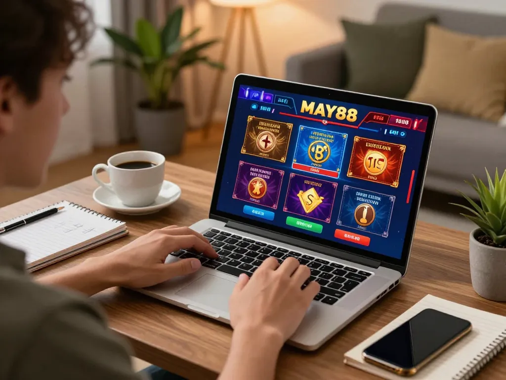 Engaging with Nhà cái MAY88 through exciting online gaming at home, showcasing strategic gameplay.