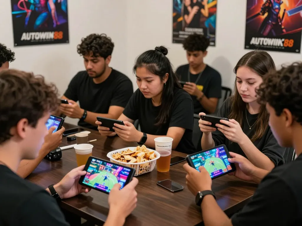 Players enjoying the AUTOWIN88 mobile gaming app in a vibrant indoor setting.