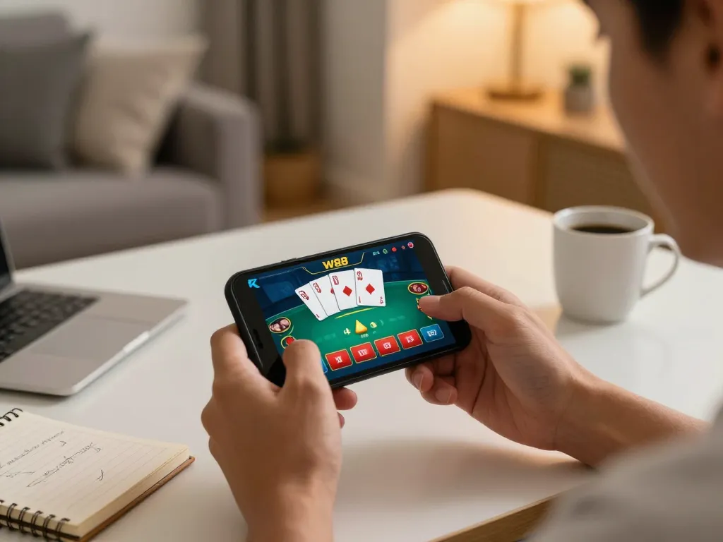 Engaging with the W88 casino app for strategic mobile gaming in a cozy home setting.