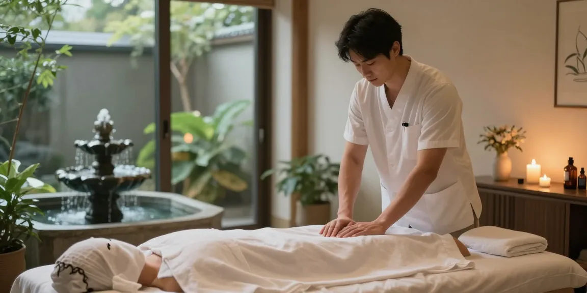 광주마사지 치료를 준비하는 남성 치료사와 평온한 스파 환경