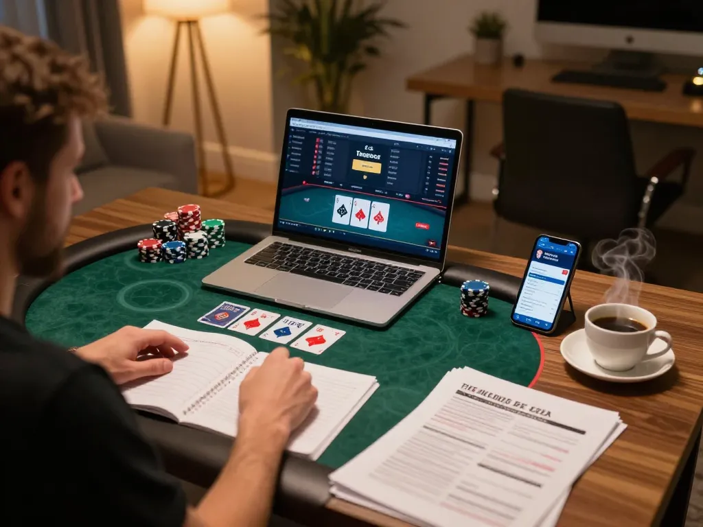 Thabet online gaming setup with a focused player strategizing during a poker game