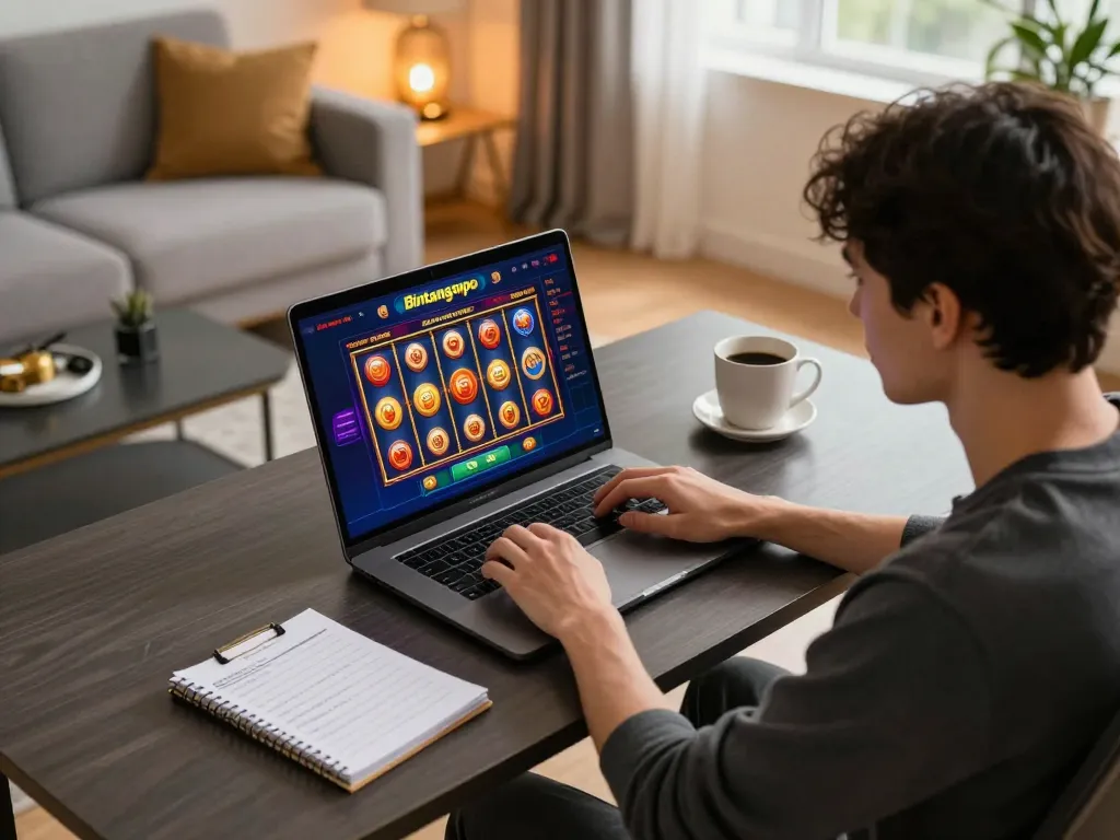 Suasana permainan kasino online Bintangmpo dengan pemain yang terlibat dalam slot di laptop di rumah