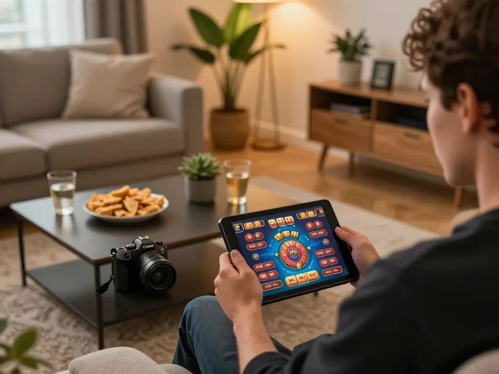 Indopride88 login in progress on a tablet in a cozy home setting with warm lighting.