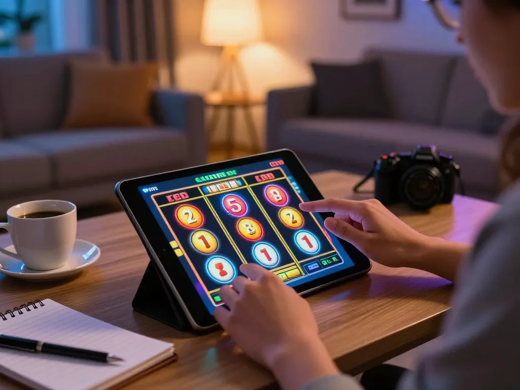 Play slots on da88 with vibrant reels spinning in a cozy home atmosphere.