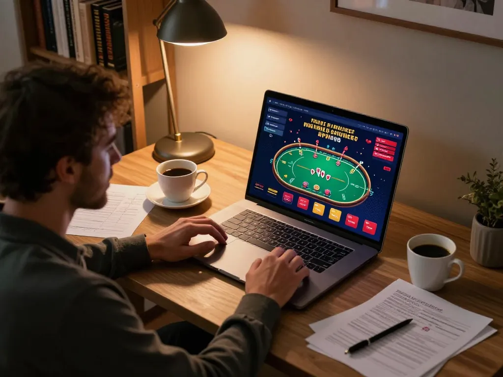 DH88 player engaged in strategic poker gameplay on a laptop at home, showcasing responsible gaming atmosphere.