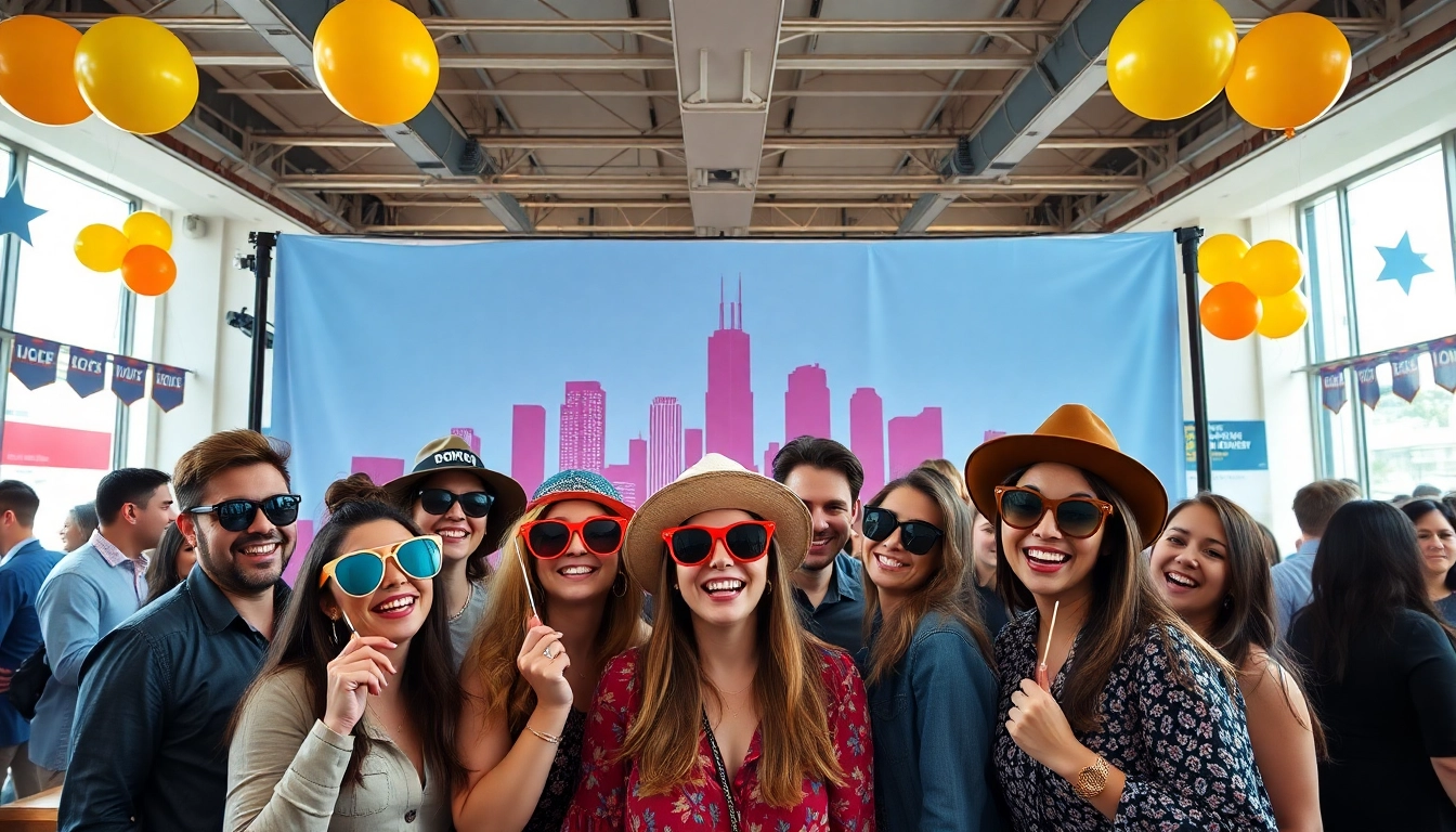 Guests enjoying a photo booth chicago experience with fun props and a skyline backdrop.