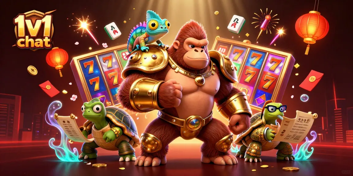 Engage in thrilling 1v1 chat adventures with a captivating gorilla king and his colorful companions in a vibrant casino world.