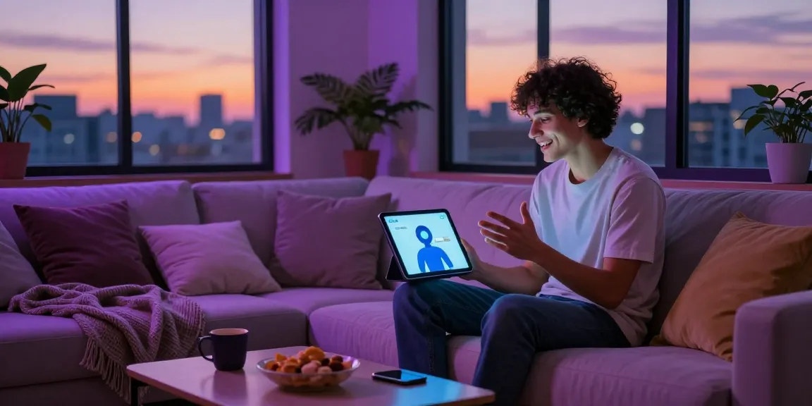 Engaging with an nsfw chat bot in a cozy apartment, showcasing a tablet interaction.