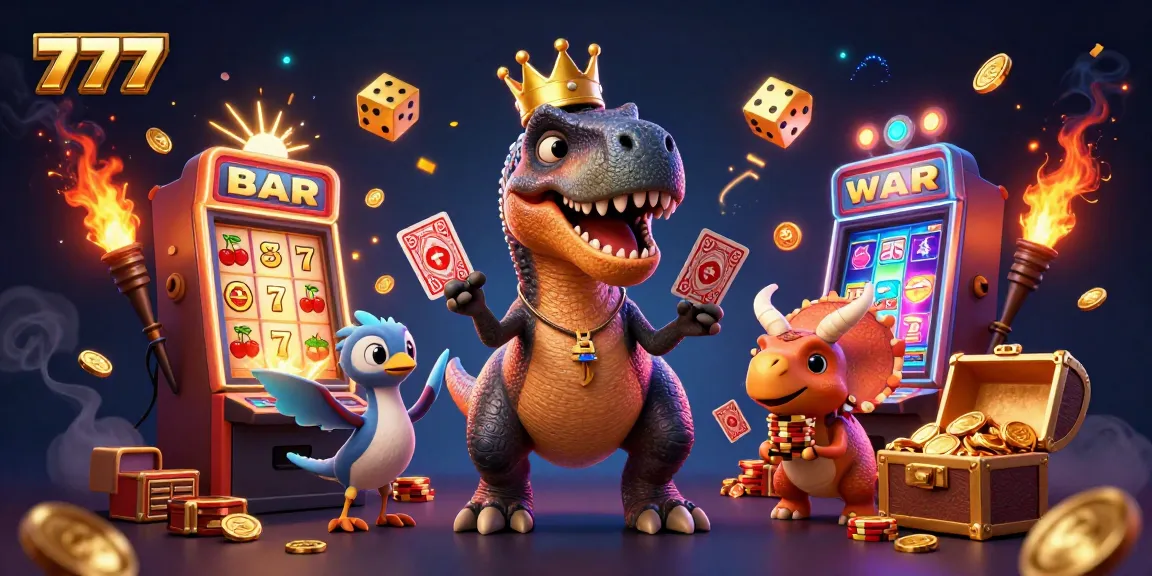 Experience thrilling wins at 777 with playful dinosaurs in a vibrant casino scene.