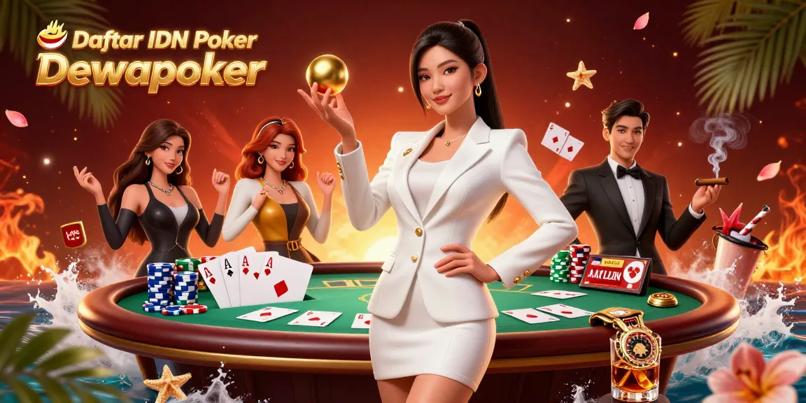 Engaging visual featuring Daftar IDN Poker Dewapoker with a confident model, poker chips, and community cards.
