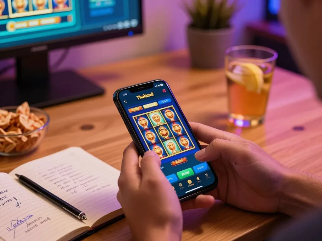 Engaging with the slot thailand app on a smartphone in a cozy home office environment while strategizing