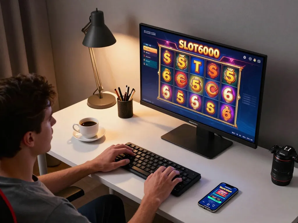 Player engaging with SLOT6000 online slot game interface at a stylish gaming desk, providing an immersive experience